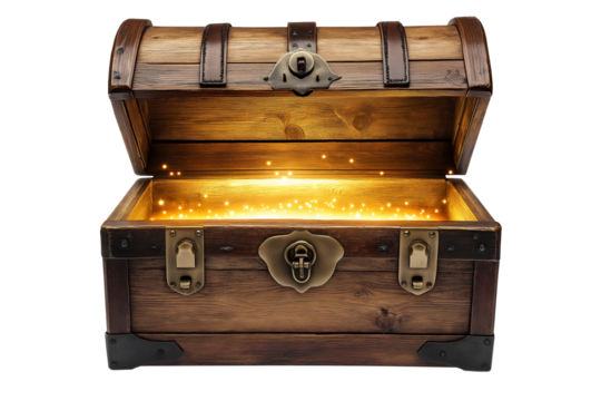 Glowing open vintage wooden treasure chest isolated on a white or transparent background — great for fantasy, games, history, and adventure-themed visuals.