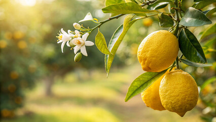 Lemon tree with flower in garden, Lemon hanging on tree branch in natural warm sunlight background