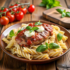 Hearty meatball pasta dish with mozzarella.