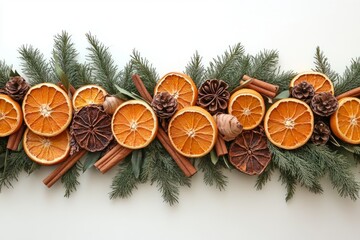 Christmas border composition made of dried orange slices, cinnamon sticks, pine cones and fir branches lying on white background