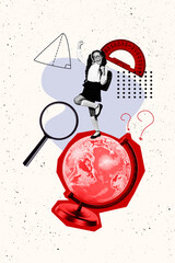 3D photo collage trend artwork sketch of silhouette young girl stand globe smile magnifier glass...
