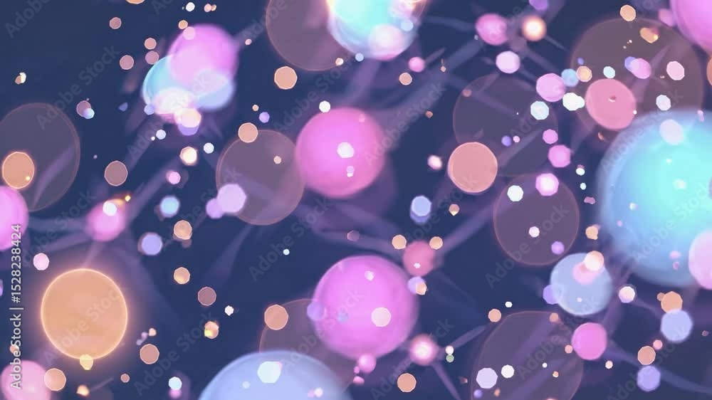 Poster colorful bokeh lights are floating and glowing against a dark background, creating a festive and mag