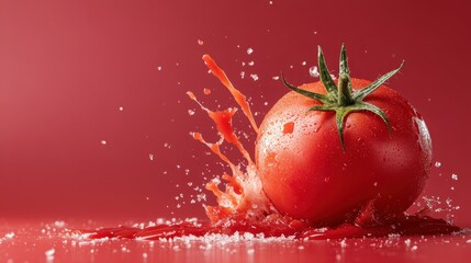 A vibrant image capturing the fresh tomato splattering against a bold red background, symbolizing freshness, flavor, and energy in a visually striking culinary presentation.