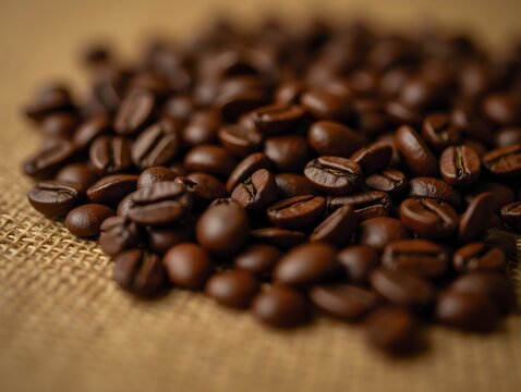Close-up of coffee beans laid out on a burlap or wooden surface. Rich brown tones, soft light with an emphasis on the texture of the beans.