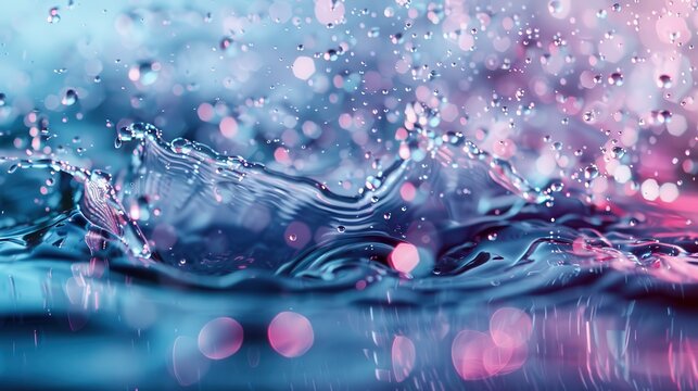An artistic depiction of water droplets splashing, interspersed with vibrant bokeh lights, creating a mesmerizing abstract visual experience that evokes feelings of refreshment and vitality.