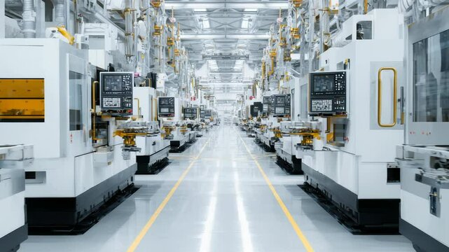 Row of Modern CNC Machines Operating in a High-Tech Manufacturing Facility