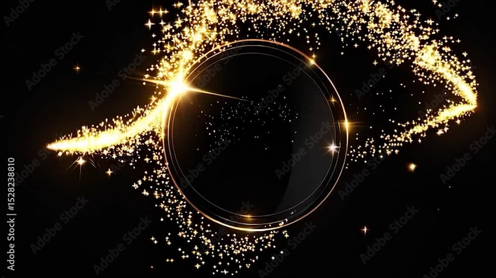 Poster gracefully swirling golden particles flowing within circular frame, creating mesmerizing visual effe