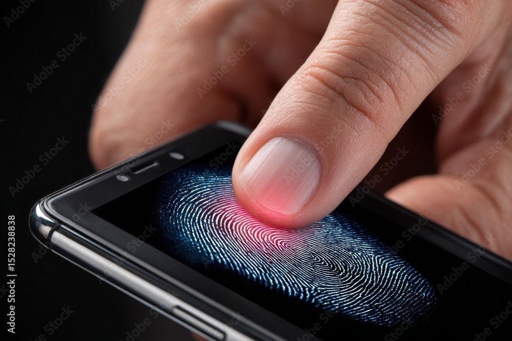 Poster user activating smartphone via fingerprint recognition on the device screen