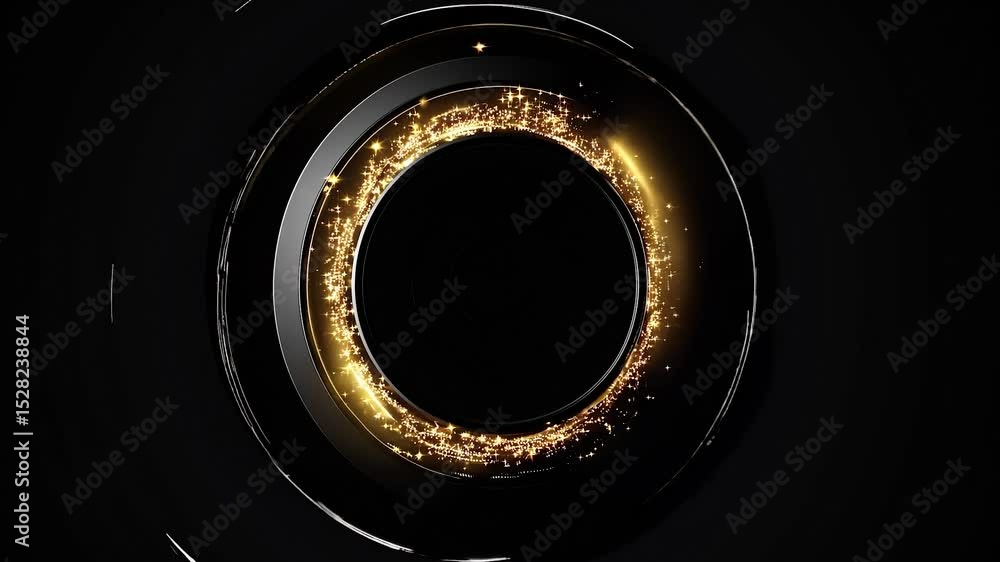 Poster golden rings rotate and sparkle on a black background, creating a luxurious and elegant visual effec