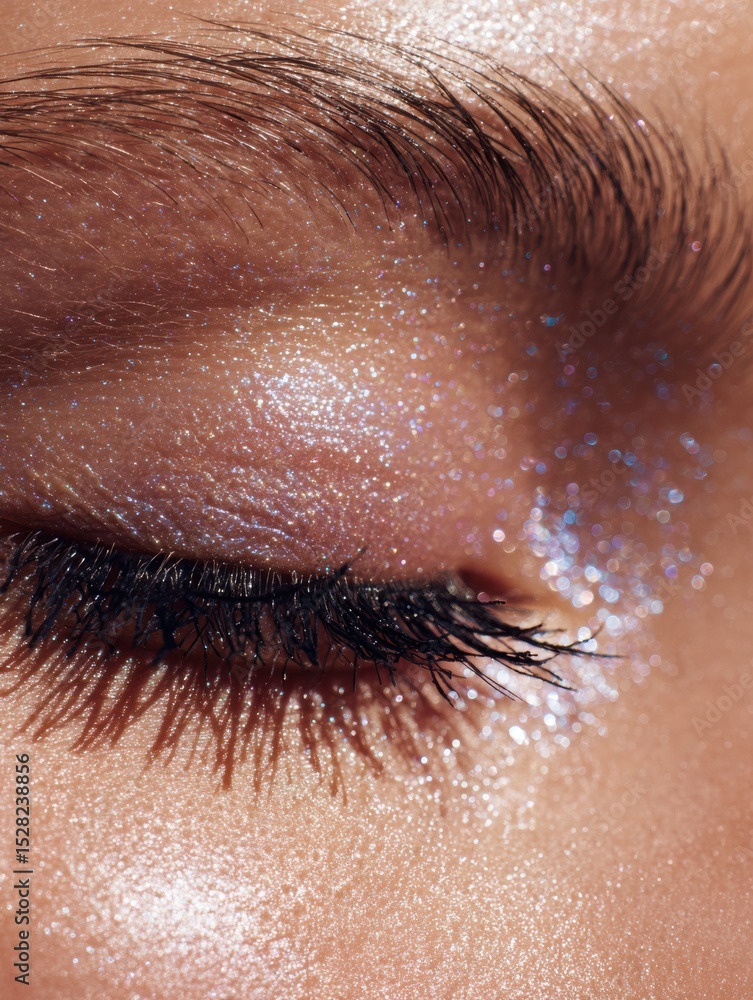 Aufkleber close-up of shimmering eye makeup highlighting long eyelashes and iridescent effect with soft light 