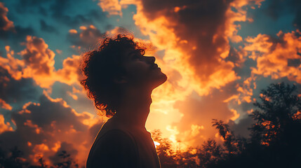 Silhouette of a Young Man Gazing at a Vibrant Sunset