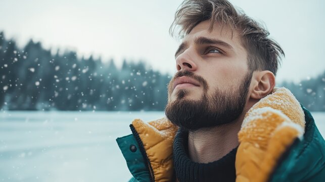 A thoughtful man standing in a snowy landscape, gazing upward as snowflakes fall softly around him, capturing a serene, introspective moment in nature’s winter beauty.