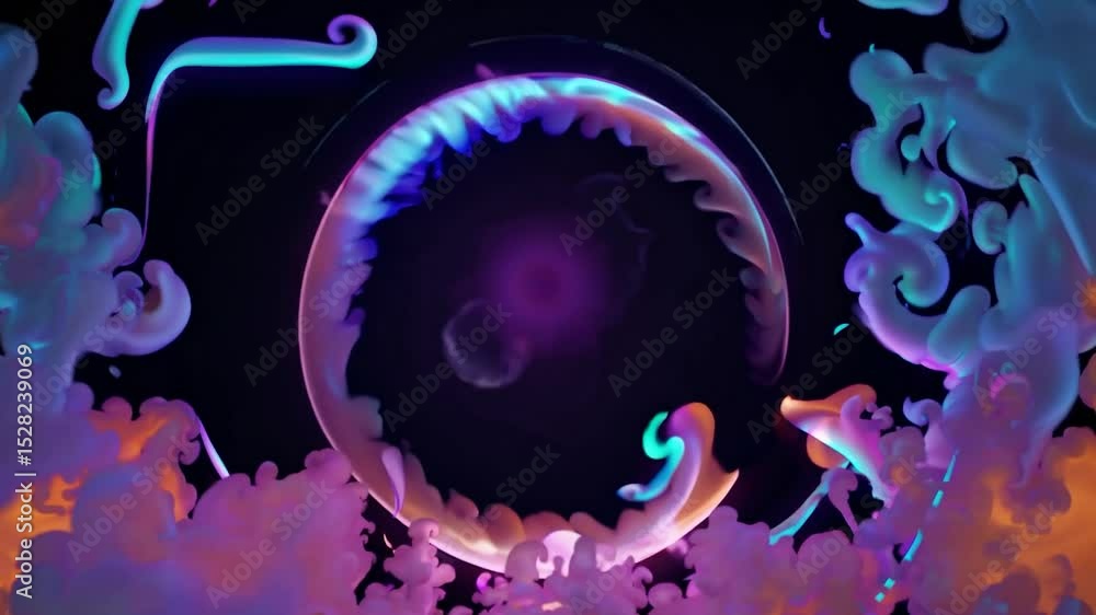 Poster colorful glowing plasma and smoke are moving around a circular frame in various vibrant and dynamic 