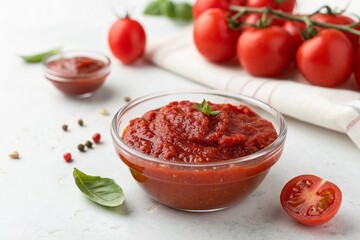 Freshly prepared tomato sauce in glass bowls with ripe tomatoes and basil leaves