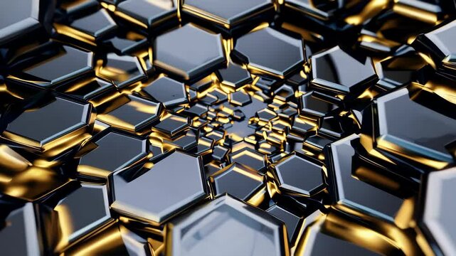 Abstract black and gold geometric animation with rotating hexagons and seamless looping pattern, creating luxury digital design for modern visual backgrounds and stylish motion effects