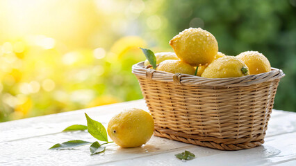 Lemon in basket with water drop on surface, Lemons in basket in natural warm sunlight background