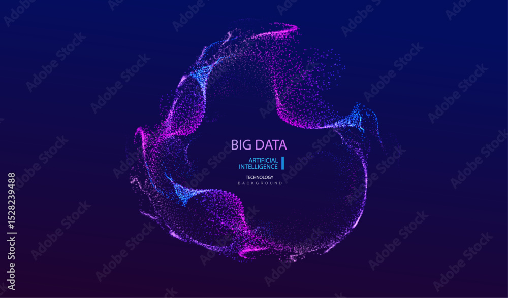 Poster a.i. technology particles banner. dots explosion ai big data neon round background. artificial intel