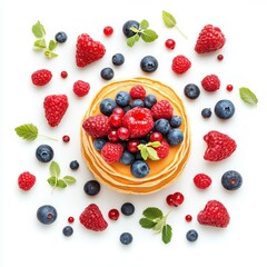 A stack of pancakes topped with fresh blueberries and raspberries, isolated on white background