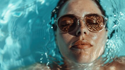 Fototapeta premium A mesmerizing underwater shot of a woman relaxing with sunglasses, surrounded by bubbling water, evoking tranquility and the refreshing essence of summer relaxation.
