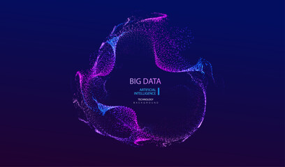 A.I. Technology particles banner. Dots explosion ai big data neon round background. Artificial Intelligence futuristic circles connect design.
