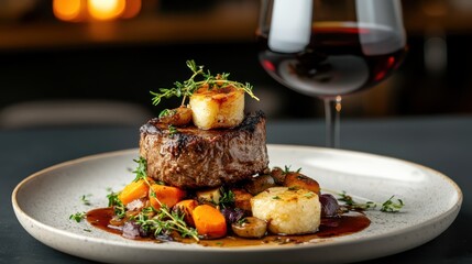 An elegant gourmet steak served with seasonal vegetables and a glass of red wine beautifully arranged on a plate, exemplifying fine dining and culinary art at its best.