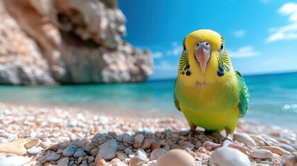 A vibrant green and yellow parakeet perched at the shoreline, capturing a playful moment by the beach, showcasing the beauty of nature and the vibrancy of wildlife around us.