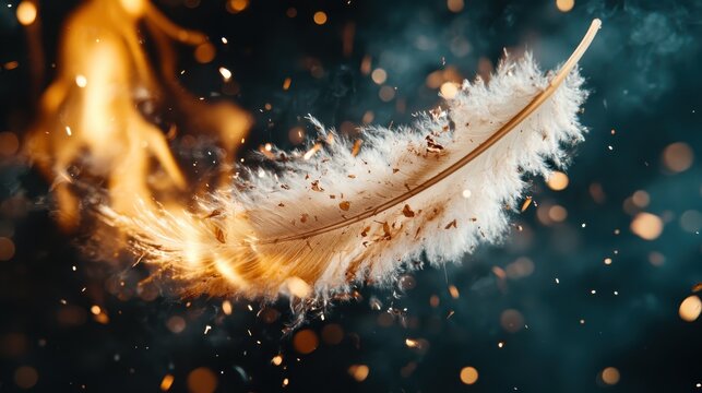 A delicate feather dances in the air surrounded by illuminating flames, symbolizing beauty and fragility amidst chaos, capturing a captivating moment of contrast and elegance.