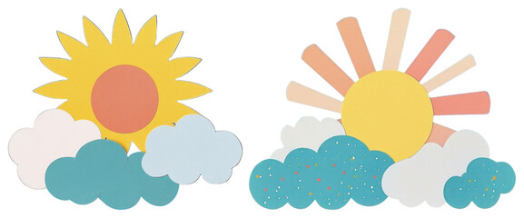 PNG Colorful paper sun clouds, element set on transparent background