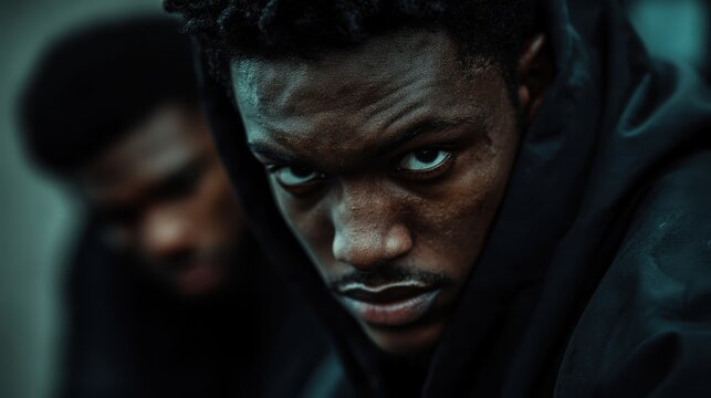 A close-up of a young man with a serious expression, portraying intensity and determination, evoking feelings of strength, resilience, and the struggles faced in life. - Powered by Adobe