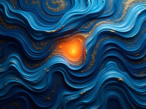Abstract flowing pattern with blue shades and orange center. Golden glitter outlines the design, creating a luxurious texture background.