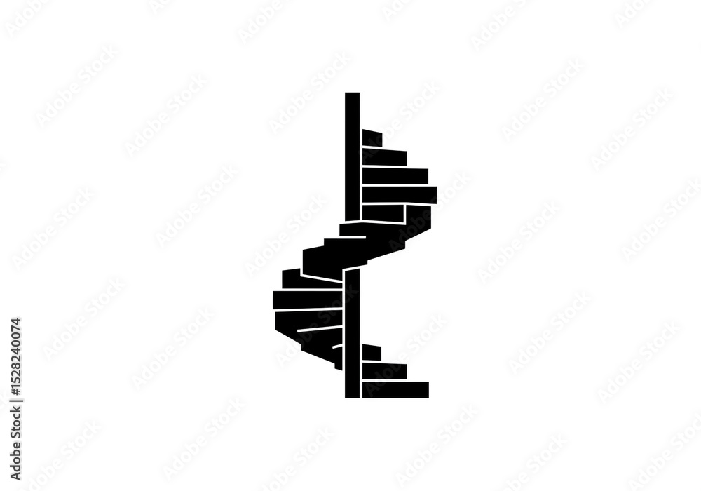 Poster a graphic black and white image of a spiral staircase isolated on a white background in simple style