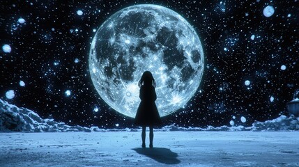 A solitary figure gazes at a luminous moonlit night.