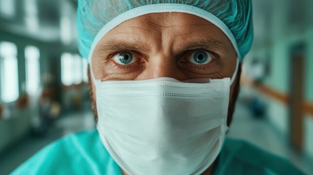 A close-up portrait of a doctor wearing a mask and surgical cap, reflecting intensity and professionalism in a hospital setting amidst a clinical ambiance.