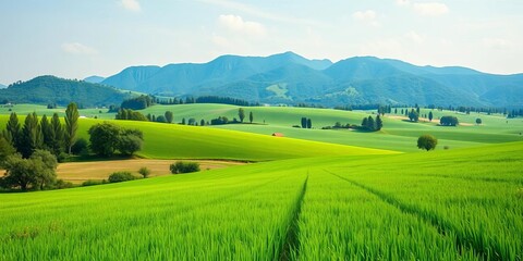 Fototapeta premium Vast green summer fields stretch across an abstract, mountainous backdrop; idyllic rural agricultural landscape, background, organic