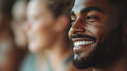 A joyful man with a radiant smile is highlighted in this close-up shot, exuding warmth and positivity with a blurred background that suggests a lively atmosphere.