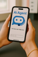 Woman holds phone displaying ai agent interface on the screen