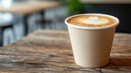 A beautifully crafted coffee cup rests on a rustic wooden table, showcasing intricate latte art against a cozy café background that invites warmth and comfort.