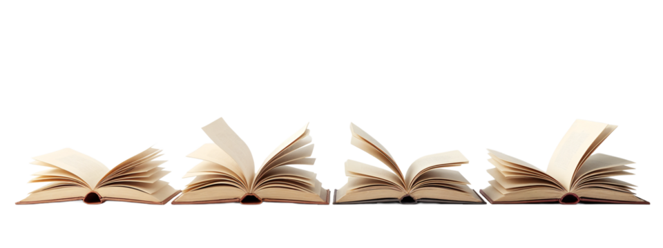 A row of four open books