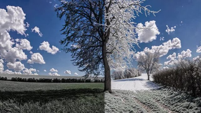 Surreal countryside landscape showing the transition between different seasons, with a lonely tree partially covered with snow and green leaves at the same time