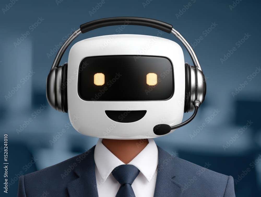 Poster ai assistant with robotic head and headset smiling in a modern call center environment demonstrating