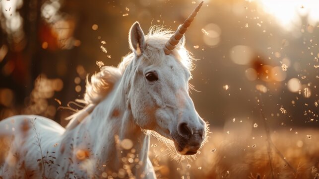 A close-up of a unicorn bathed in golden light amidst a dreamy, magical setting, symbolizing fantasy, beauty, and the enchanting aspects of nature.
