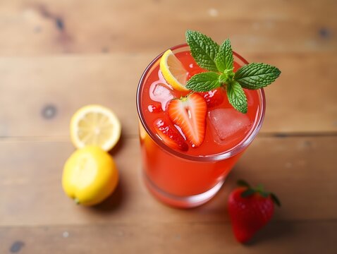 Top View Strawberry Lemonade With Mint, Food Image