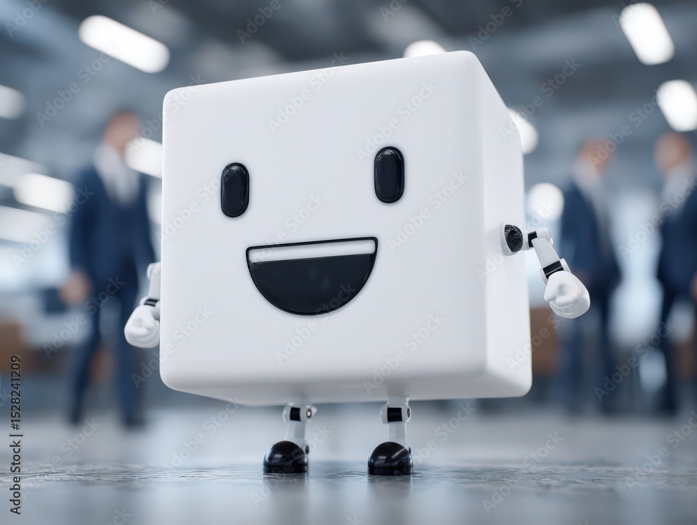 Aufkleber a friendly robot character in a modern business office environment showcasing innovation and digital