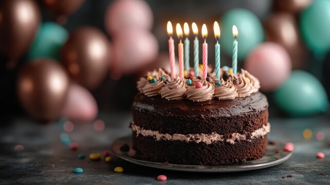A close-up of a beautifully decorated chocolate birthday cake adorned with colorful candles and festive decorations, capturing the essence of celebration and joy.