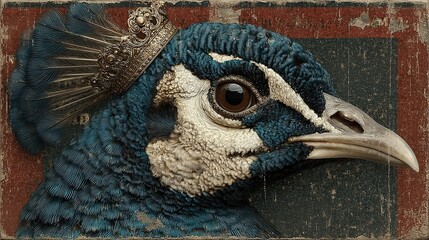 Regal Peacock with Gold Crown in Vintage Style Illustration, Majestic Crowned Peacock Art for Animal Decor and Mystic Symbolism.