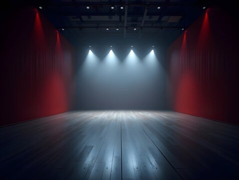 Futuristic gallery interior with empty stage and lights shining