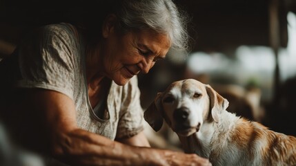 A heartwarming scene of an elderly woman interacting lovingly with her dog, emphasizing companionship and the deep emotional connections often found in human-animal relationships.