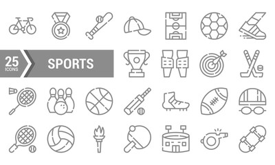 25 Linear Sports Equipment Icons for Your Design Project.