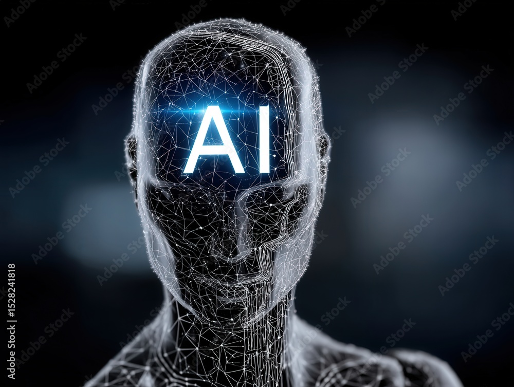 Poster futuristic artificial intelligence conceptualization represented by a digital human head showcasing 