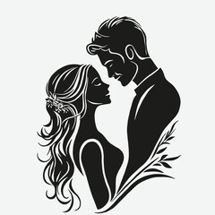 Black and white vector of a bride and groom embracing, with floral detail. Perfect for wedding themes, invitations, or romantic designs